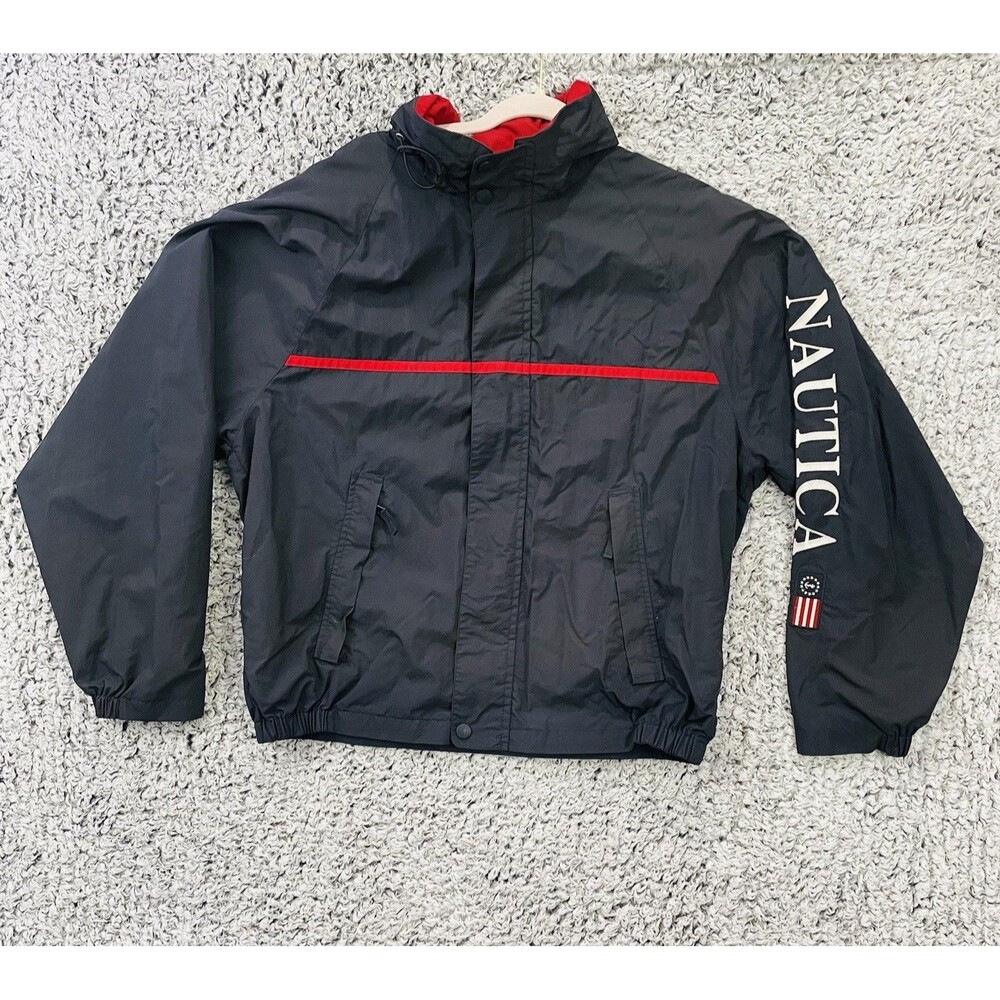 Vintage 90s Nautica Hidden Hood Windbreaker Colorblock Jacket XL Red White Navy